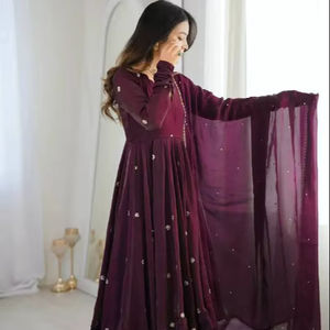 Elegante Vestido Anarkali de Seda con Conjunto de Dupatta y Bordado de Lentejuelas, Estilo Bollywood, Largo hasta el Suelo, para Ocasiones Festivas - Product Image 1