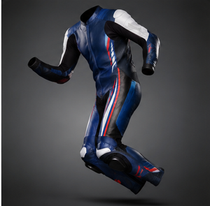 Combinaison de moto pour homme en PU bleu, blanc et rouge, coupe ajustée, imperméable, fermeture éclair, doublure en laine, streetwear, veste de motard - Product Image 6