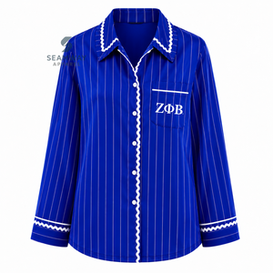 เซตชุดนอนลายทางสีน้ำเงินสำหรับผู้หญิง Zeta Phi Beta ชุดนอนแขนยาวติดกระดุมด้านหน้า ชุดนอนลำลองแต่งขอบตัดกัน พร้อมกางเกงมีเชือกผูก - Product Image 2