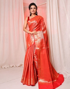 KV Traditional <b>Red</b> Handwoven Brocade Silk Saree with Zari Woven Designs & Unstitched <b>Blouse</b> for Party Occasions - Product Image 3