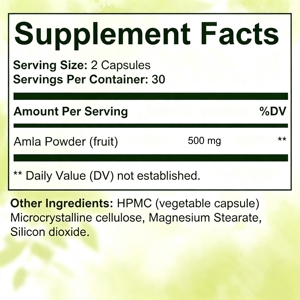 Capsules d'Amla Pure Marque Blanche 500mg, 60 Comprimés, Riches en Vitamine C et Antioxydants pour Soutenir l'Immunité, l'Énergie, les Cheveux et la Peau - Product Image 2