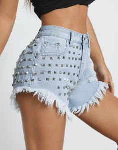 Women's High <b>Waist</b> Light Blue Denim Shorts Distressed Frayed Hem Rivet Punk Jean Shorts - Product Image 5