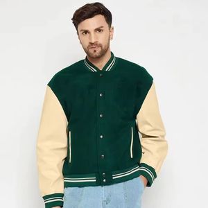 Veste universitaire pour homme, verte et beige, avec boutons sur le devant, couleur unie, coupe classique, col rabattu, pour l'automne - Product Image 5