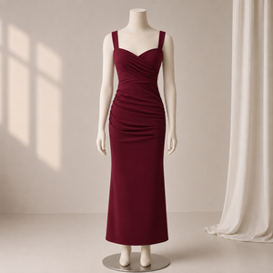 Vestido midi entallado con fruncido color borgoña para mujer |   Vestido Elegante sin Mangas con Cuello en V, Estilo Vintage, para Cóctel, Fiesta, Invitada de Boda, Holgado, Primavera-Otoño - Product Image 1