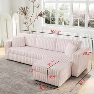 Divano Morbido Rosa Chiaro da 270 cm per 3 Persone con Elegante Pouf Sollevabile Idraulico da 78 cm, Comodo Arredamento per Soggiorno e Camere da Letto - Product Image 4