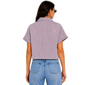 Camisa Corta a Rayas Blancas y Borgoña Personalizada para Mujer, con Logotipo Bordado, Manga Corta, Cierre de Botones, Blusa Casual de Verano, OEM - Product Image 2
