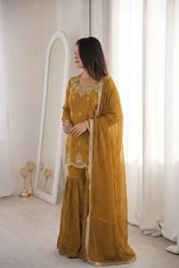 Ensemble Sharara Palazzo brodé pour femme, robe traditionnelle avec dupatta, manches longues, longueur au sol, tenue de mariage ou de fête - Product Image 3