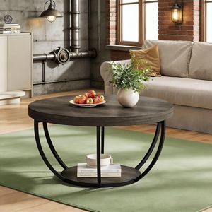 Table basse ronde en bois à 2 niveaux avec étagères, table centrale pour cocktails - Product Image 1