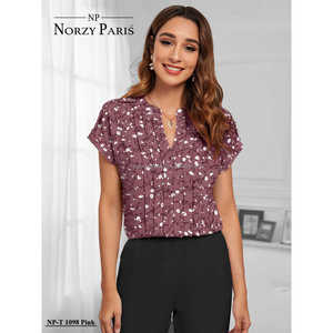 Blusa Plisada de Algodón con Estampado Floral para Mujer, Cuello en V, para Trabajo, Oficina, Fiesta, Gris, Talla L(42) - Product Image 3