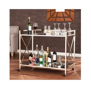 2 Tier Silver X Frame Bar Cart with <b>Mirror</b> Shelves Modern Rectangular <b>Rolling</b> Drink Trolley with Glass Guard Rails - Product Image 1