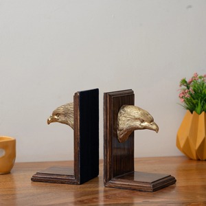 Wooden Eagle <b>Head</b> Bookends Set Of 2 Gold Plated Sculptural Design Traditional <b>Style</b> Decor For Home Office Display - Product Image 1