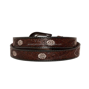Classic Vintage Style Feather Design Embossed hand carved Western <b>leather</b> <b>tooling</b> <b>belt</b> for unisex with floral engraved buckle - Product Image 3
