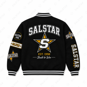 เสื้อแจ็คเก็ตวาร์ซิตี้แบบกำหนดเองสำหรับผู้ชาย สีดำขาว เสื้อแจ็คเก็ตเบสบอลแบบบอมเบอร์ เสื้อแจ็คเก็ตปักลายตัวอักษร OEM แบรนด์ส่วนตัว สตรีทแวร์ - Product Image 4