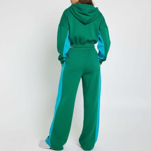 Women's Green Blue Color Blocking Cropped Hoodie Tracksuit Full <b>Zip</b> Loose Fit Casual Wear With Side Pockets - Product Image 4