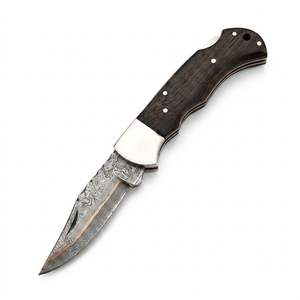 Navaja Plegable Hecha a Mano con Hoja de Acero de Damasco y Cobre, Punta Caída de 6.5 Pulgadas, Mango de Madera con Funda de Cuero, Cuchillo Personalizado - Product Image 1