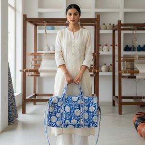 Sac de voyage de luxe en coton imprimé feuilles bleu marine, grande capacité, sac à bandoulière pour le week-end, poche avant, sangle bandoulière, pour femme - Product Image 2