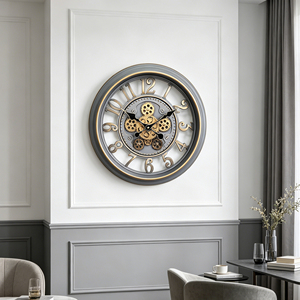 Moving gear wall <b>clock</b> 18 inch gray luxury skeleton layers frame with real rotating clockwork for home decoration - Product Image 3