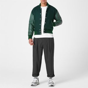 Men's Green Wool/<b>Leather</b> Varsity Jacket Stand <b>Belt</b> Closure Casual Winter Style Regular Fit Solid Color Quick Dry Breathable - Product Image 1