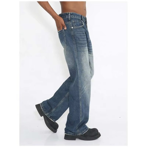 Jean en denim délavé vintage léger pour homme, coupe droite décontractée, taille mi-haute, avec fermeture éclair et poches latérales, idéal pour l'été - Product Image 3