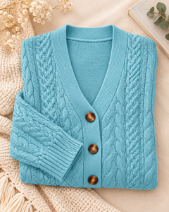 Women's Light Blue Knitted <b>Cardigan</b> Long Sleeve V-Neck Button Closure Casual Regular Fit Autumn Wear - Product Image 6