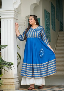 Angrakha Neck Rayon Anarkali Kurti Women's <b>Plus</b> <b>Size</b> Stripe Printed Three Quarter Sleeves Flared Fit Casual Wear Blue - Product Image 5