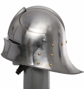 Casco cerrado de acero pulido con visera articulada, orificios de ventilación perforados en la cara y cuello protector integrado. Disponible. - Product Image 2