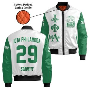 Chaqueta Universitaria Personalizada para Mujer Iota Phi Lambda, Blanca con Verde Esmeralda, Escudo con Letras Griegas en la Espalda, Cierre de Cremallera, Estilo Bomber - Product Image 4