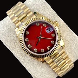 Outstanding <b>Red</b> Color Round Dial Gold Plated Stainless Steel Band With Auto <b>Date</b> Features Man's Mechanical Modern Standard Watch - Product Image 2