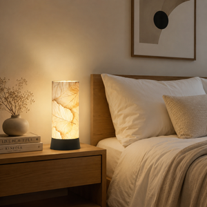 Modern Off-White Leaf Printed LED Table Lamp Linen Shade | <b>Decorative</b> Bedside Night Lamp | Warm Ambient <b>Light</b> for Living Room - Product Image 2