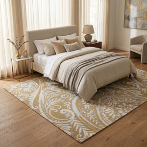 DECORDEC Tapis à poils épais en laine tuftée à la main, motif floral doré beige ivoire, écologique, antidérapant, grand tapis décoratif à motifs enroulés pour - Product Image 3