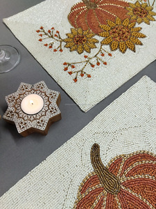 Luxury Hand <b>Beaded</b> Pumpkin <b>Placemat</b> with Floral Harvest Design Handmade Seed Bead Table Mat Thanksgiving Fall Decor - Product Image 6