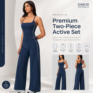 Ensemble de sport deux pièces premium pour femme, col carré, dos nageur, pantalon large, bleu marine uni, coupe courte et ample, séchage rapide - Product Image 1