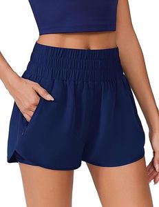 Shorts Deportivos de Cintura Alta Elástica para Mujer, con Bolsillos, de Secado Rápido, Tejido de Poliéster/Algodón, Color Azul Marino Sólido, para Fitness y Entrenamiento - Product Image 5
