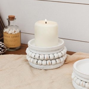 Support de bougie en bois perlé blanc vieilli, style rustique chic, rond, pour centre de table - Product Image 1