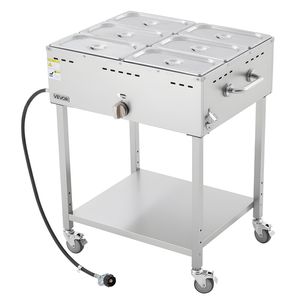 Commercial Propane Steam <b>Table</b> <b>with</b> 6-Pan LP Gas Outdoor Soup Warmer 3\" <b>Wheels</b> Stainless Steel Food Warming & Holding Equipment - Product Image 1