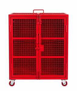 Cage de rangement plateforme en treillis d'acier rouge avec quatre roues, porte mobile thermolaquée et verrouillable pour usage industriel et commercial OEM - Product Image 1