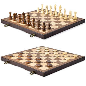 Jeu d'échecs en bois artisanal de luxe, ensemble pliable 2-en-1 d'échecs et de dames de haute qualité, jeu d'échecs Staunton standard de tournoi - Product Image 1