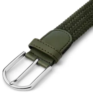 Ceinture de golf décontractée pour homme en toile tressée élastique, ajustable, avec garniture en cuir vert et boucle en alliage de zinc, durable, OEM - Product Image 3