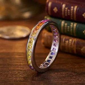 แหวนเพชรพลอยสีรุ้งทรงเจ้าหญิงแบบ Eternity Band ตัวเรือนเงินแท้ S925 สำหรับผู้หญิง - Product Image 3