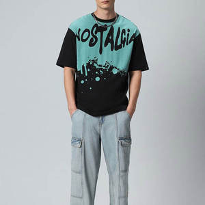 T-shirt Homme Oversize à Manches Courtes Col Rond Imprimé Nostalgia Streetwear en Coton Tricoté Coupe Droite Motif Noir et Teal - Product Image 1