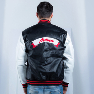 Custom Logo <b>Men's</b> Varsity <b>Jacket</b> PU Leather Letterman <b>Baseball</b> <b>Jackets</b> Black White Embroidery Snap Button College Streetwear OEM - Product Image 4
