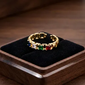 Anillo Ajustable de Moda para Mujer, Chapado en Oro Sólido, Latón Antideslustre, Joyería con Piedras Preciosas Naturales, Anillos Personalizados con Circonitas Cúbicas Multicolores Arcoíris - Product Image 2
