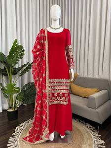 Conjunto de Kurti Rojo Bordado, Ropa Pakistaní e India para Mujer, Kurta, Pantalón, Dupatta, Ropa de Fiesta - Product Image 1