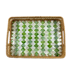 ถาดหวายสี่เหลี่ยมผืนผ้าสไตล์วินเทจทำมือ ดีไซน์เรียบหรู ลายเรขาคณิตสีเขียวฝังมุกคาปิซ ฐาน MDF ถาดเสิร์ฟตกแต่ง - Product Image 3