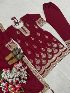 Maroon Rayon Embroidered Indian Pakistani Traditional <b>Dress</b> With Gold Work Ankle-Length Loose Fit Women's Wedding Wear - Product Image 4