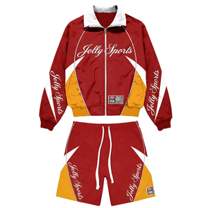 Premium 120 GSM Polyester Windbreaker Women Short Set Red <b>Yellow</b> Panel Design Custom Print Logo Windbreaker Shorts Set - Product Image 1