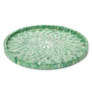 Plateau de rangement décoratif rond en os incrusté, artisanal et luxueux, avec un élégant motif floral en mosaïque, pour table basse, coiffeuse, salle de bain - Product Image 5