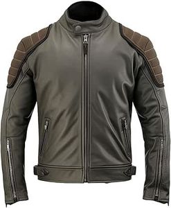 Men's <b>Brown</b> Genuine <b>Leather</b> Moto <b>Jacket</b> With Zipper Closure Stand Collar Regular Fit Autumn Style - Product Image 3