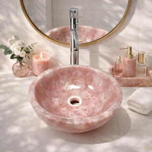 Lavabo de Cuarzo Rosa Natural Ecológico de Lujo, Lavabo Redondo para Baño, Lavabo de Encimera para Diseño de Tocador Moderno - Product Image 3