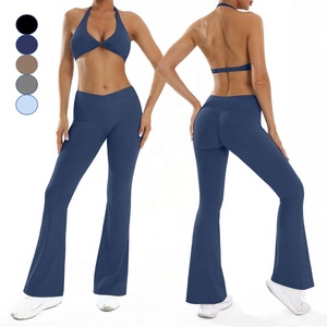 Women's Grey 2-Piece Yoga Set Halter Twist Sports Bra High Waist <b>Flare</b> <b>Leggings</b> Spandex Front Breathable Seamless Fitness - Product Image 2